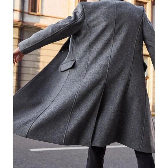 Men's Grey Slim Fit Notched Collar Long Casual Trench Coat with Pocket - Picture 4 of 6